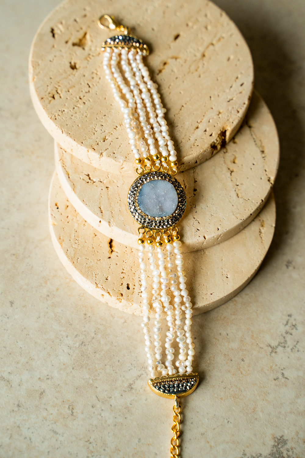 BLUE Chalcedony with Pearl Beads Bracelet